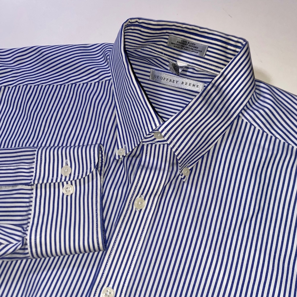 Geoffrey Beene Mens XL Blue White Striped Pinpoint Oxford Button Down Shirt R204